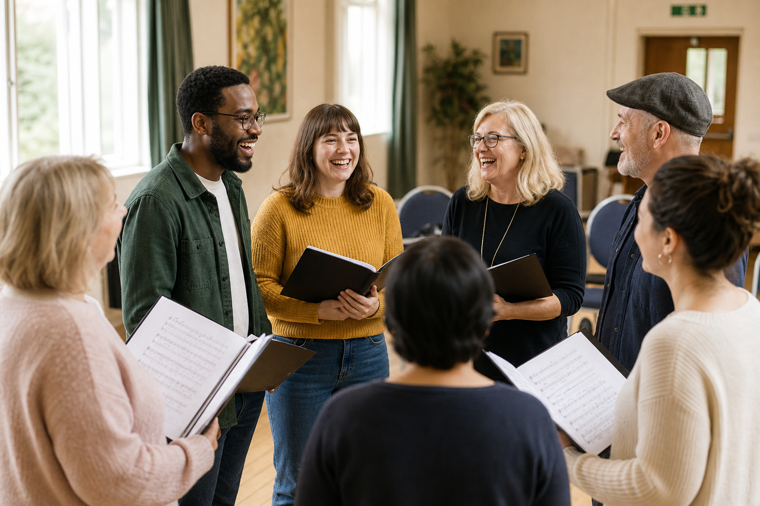 Mixed group of adults in a bright community hall standing in a loose singing circle, smiling and chatting between songs