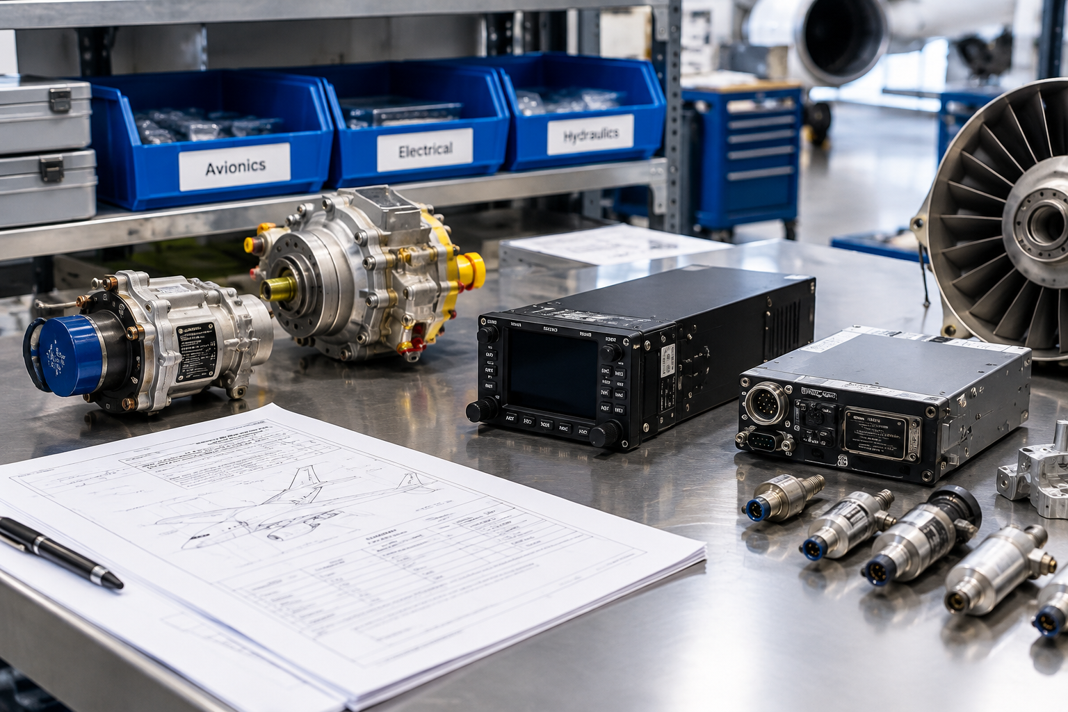 Close-up of organized aircraft components and technical paperwork on a clean workbench in an aviation parts sourcing setting