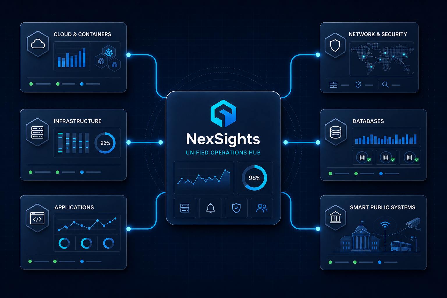Dark navy unified operations infographic with a central NexSights hub connected by bright cyan lines to module cards for cloud and containers, infrastructure, applications, network and security, databases, and smart public systems