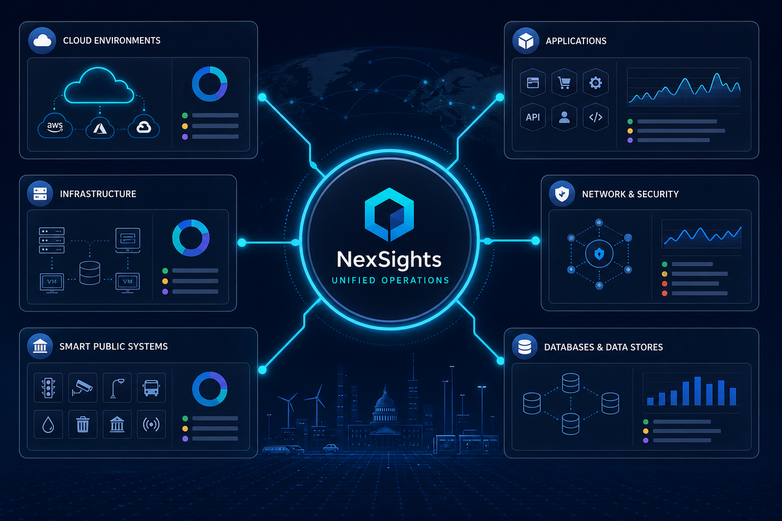 Dark navy enterprise infographic showing NexSights Unified Operations in the center with bright cyan hub-and-spoke links to cloud, infrastructure, applications, network and security, smart public systems, and databases