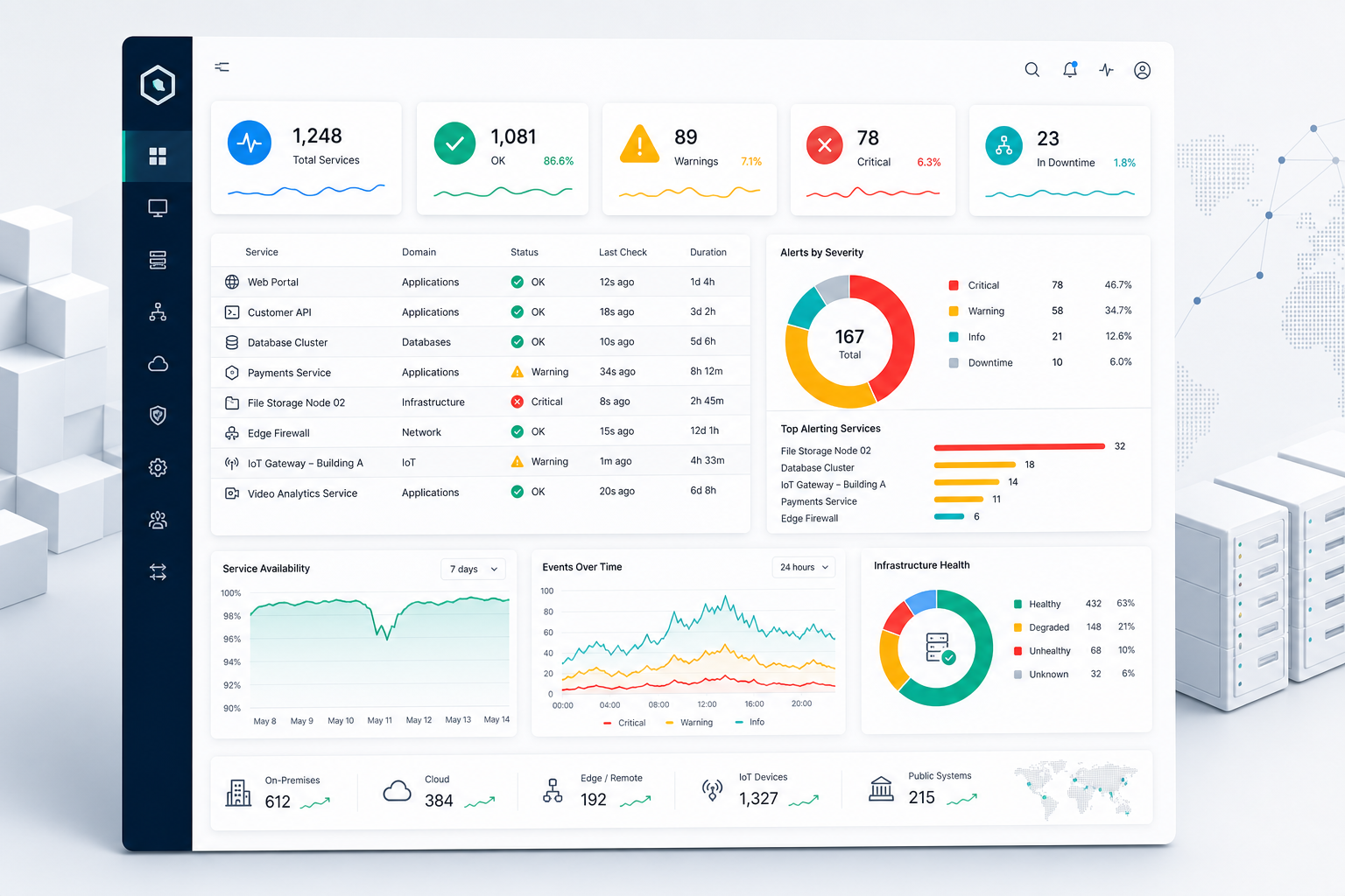 Unified operations dashboard interface with KPI tiles, service status matrix, and prioritized alert summary on bright enterprise panels