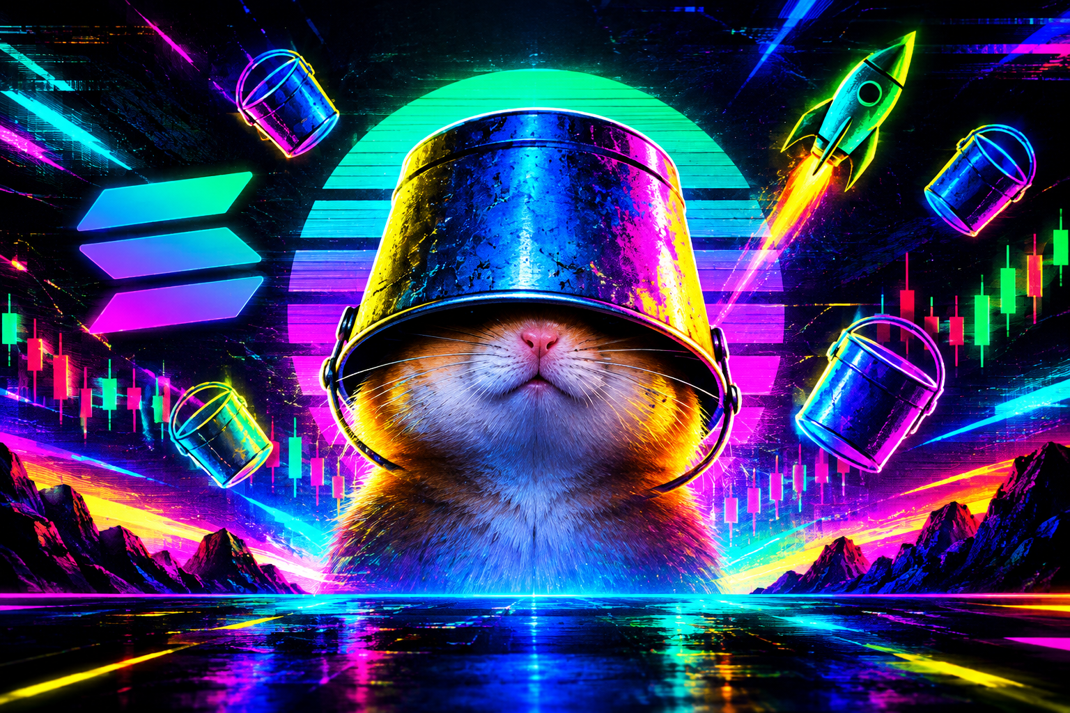 Wide abstract crypto web-punk meme banner with bucket-themed neon signal graphics
