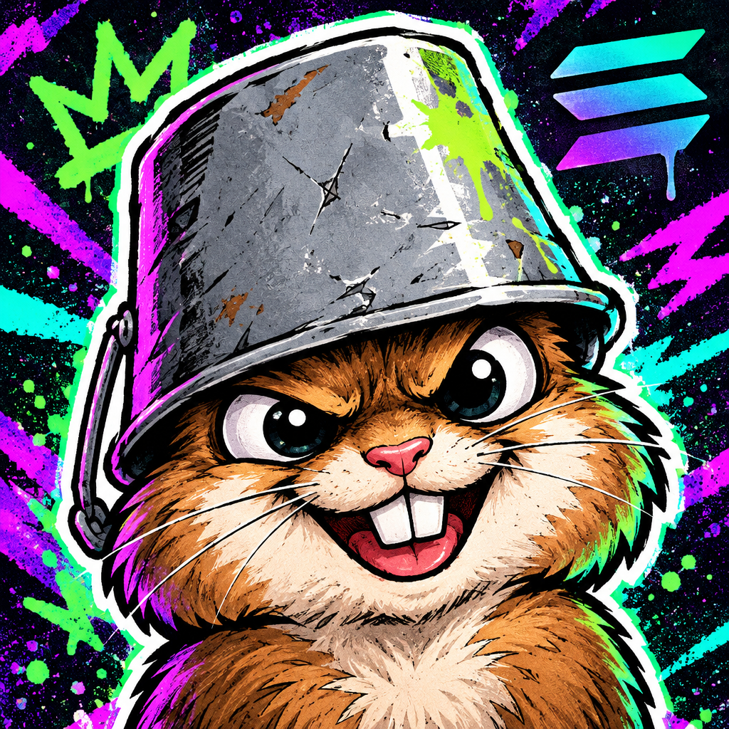 Bucket-headed hamster-like meme creature with wild eyes, scrappy fur, and a dented metal bucket helmet in a chaotic Solana-style sticker art look