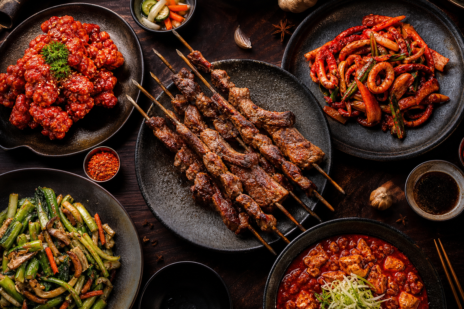 Overhead premium spread of Korean and Chinese-style dishes with lamb skewers, spicy chicken, spicy squid, vegetables, and rich red-orange plates in warm dramatic restaurant lighting