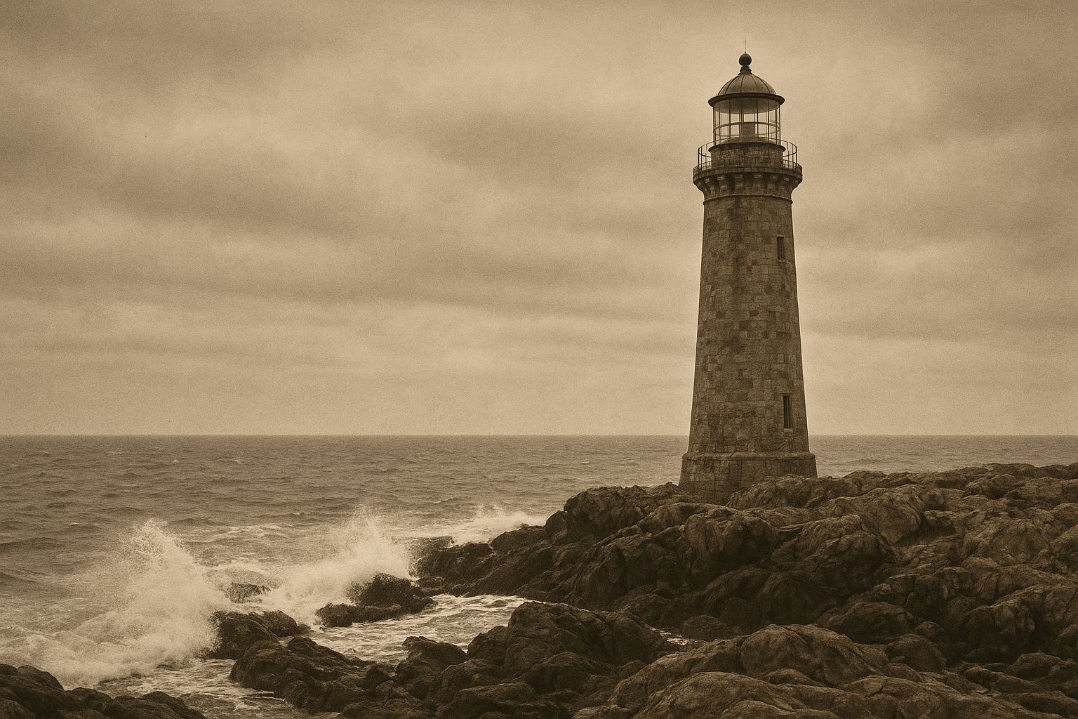 Grainy film-era lighthouse on a stormy northern cliff with surf and heavy cloud