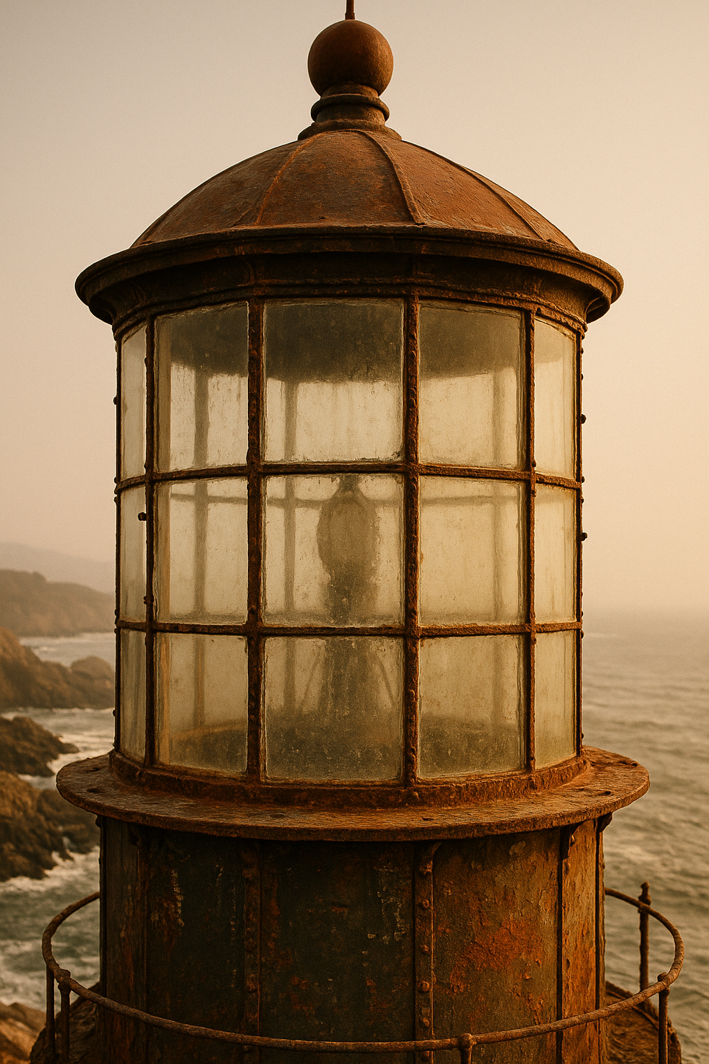 Weathered lighthouse lantern room with riveted metal framing above a rugged northern shoreline in warm documentary light