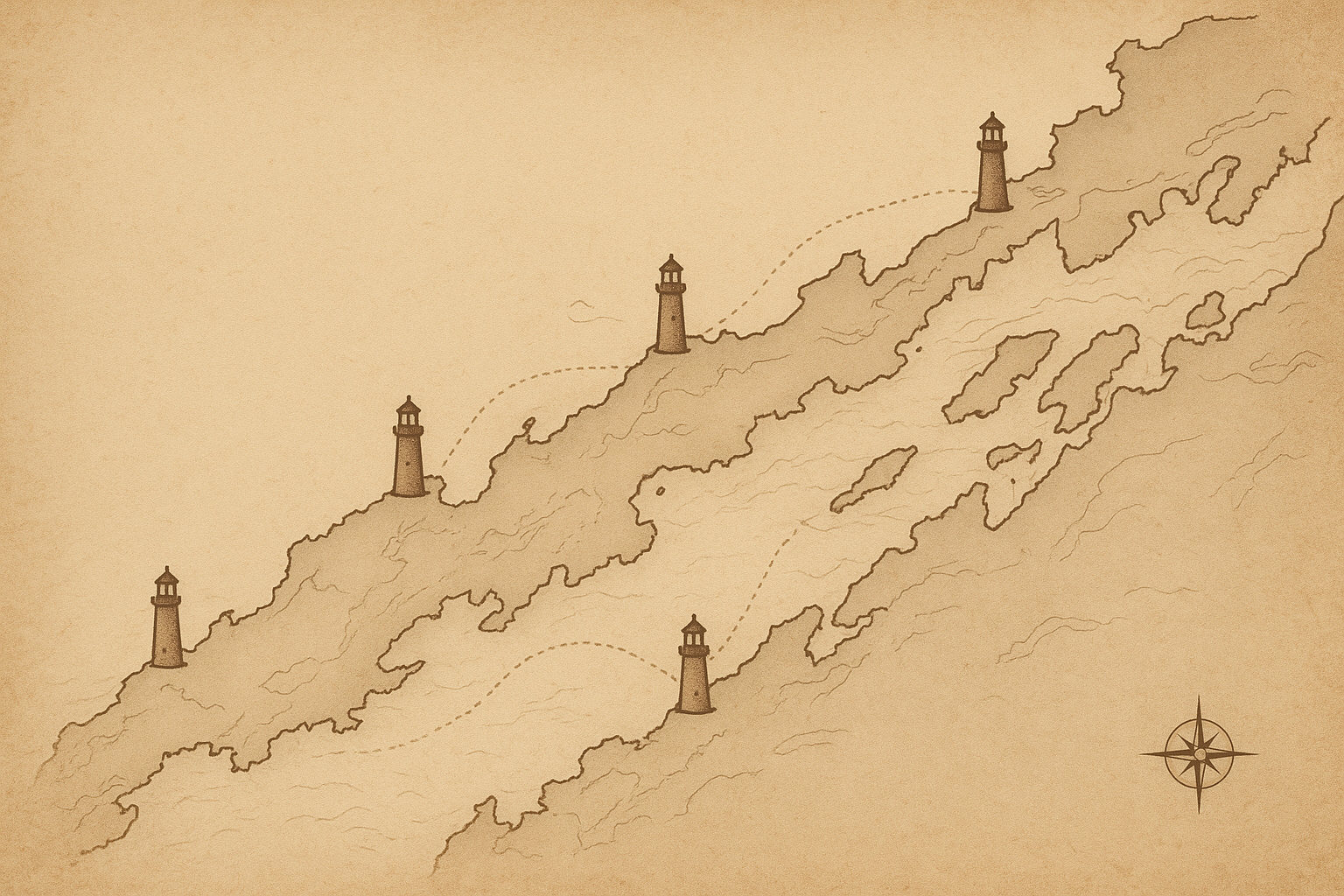 Stylized archival map of the northern coast with muted shoreline linework, route traces, and lighthouse marker points