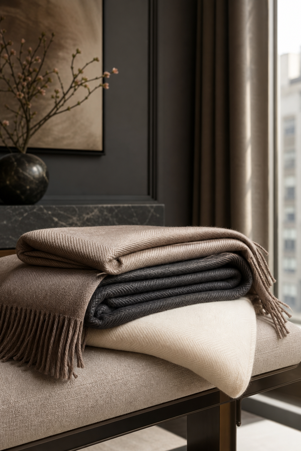 Folded premium cashmere blankets arranged on a textured bench in a refined interior vignette