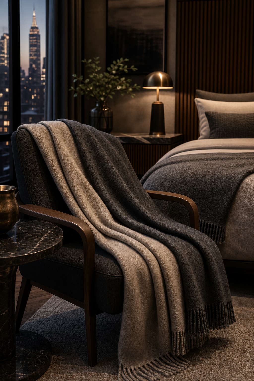 Elegant close-up of layered premium cashmere blankets in a sophisticated interior with soft evening light