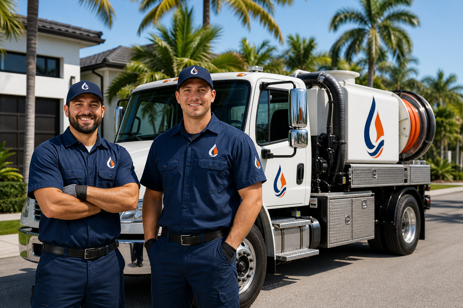 Professional drain and sewer technicians standing beside a service truck in South Florida