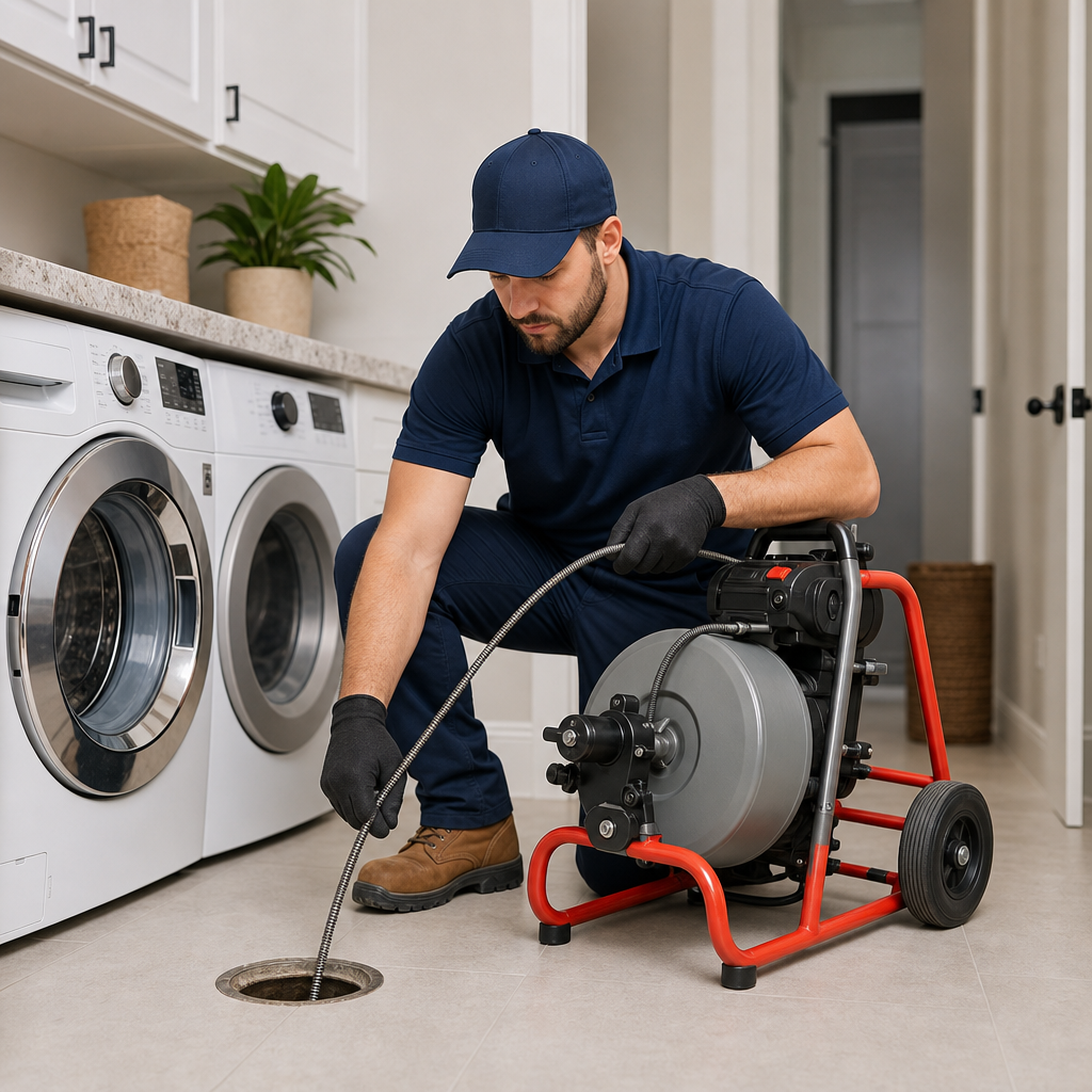 Technician clearing a residential drain line with professional drain cleaning equipment in a clean laundry room