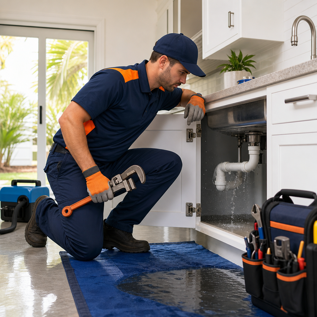 Emergency plumber in safety gear responding to a residential water leak