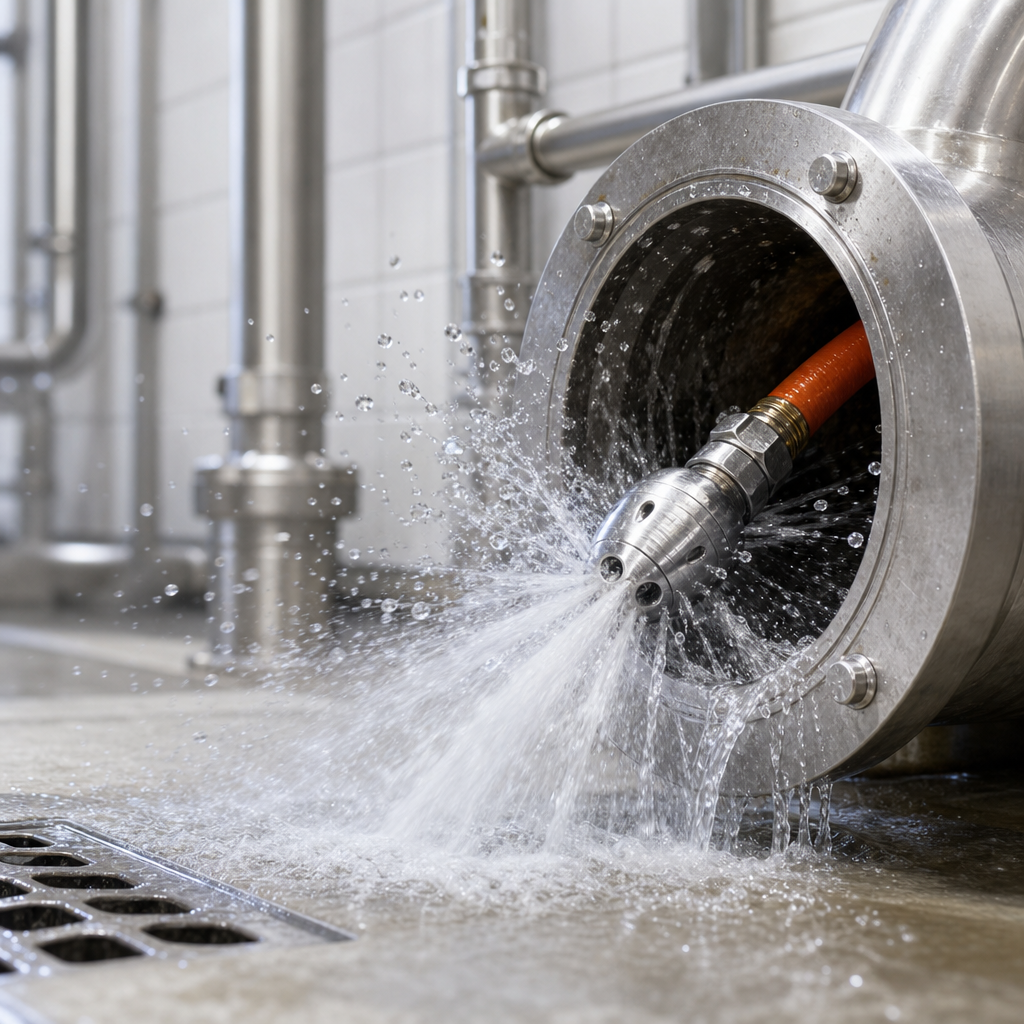Hydro jetting hose blasting high-pressure water through a commercial drain pipe