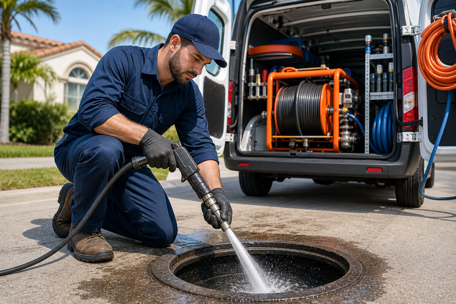 Professional plumber in navy uniform inspecting a clean drain line with a high-powered jetting tool, service van and organized equipment in the background