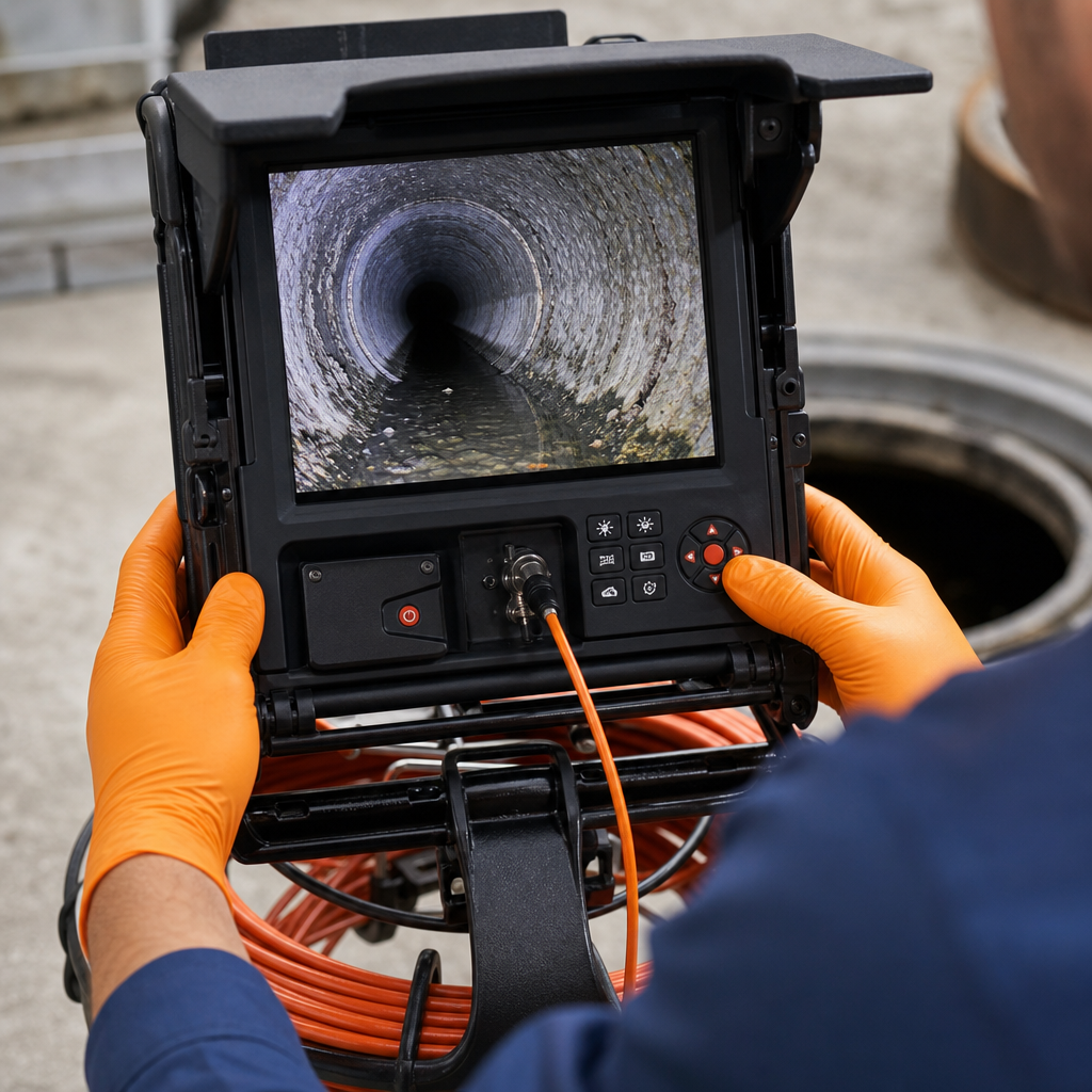 Close-up of a sewer camera monitor showing a clear pipe interior