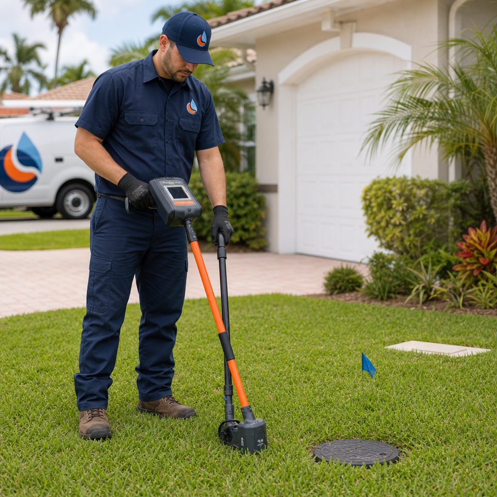Technician using an electronic line locator above a residential yard