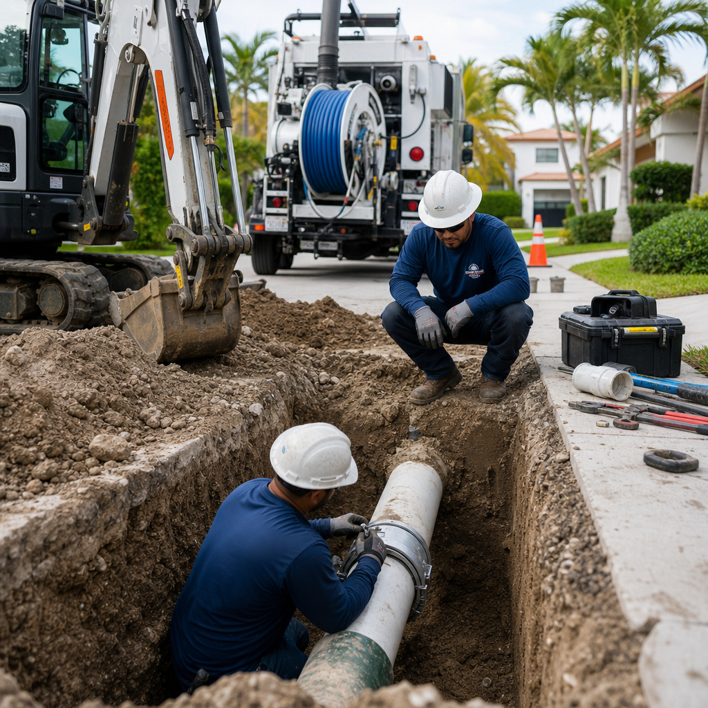 Crew repairing an underground sewer line with clean excavation equipment