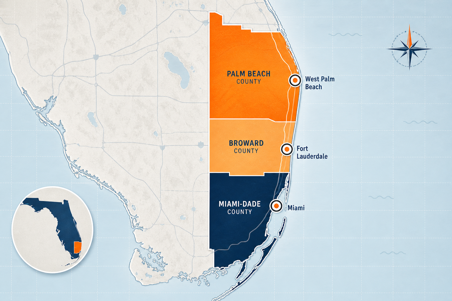 Stylized map of South Florida highlighting Miami-Dade, Broward, and Palm Beach County service coverage