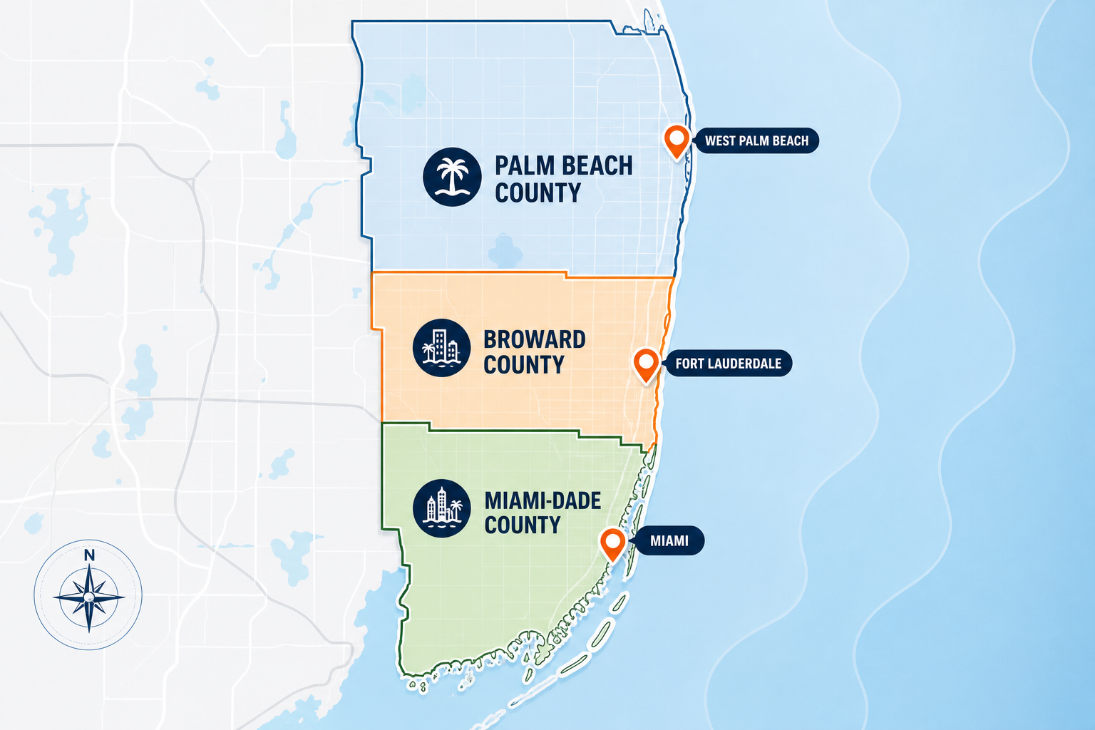 Map-style illustration highlighting Miami-Dade, Broward, and Palm Beach County coverage