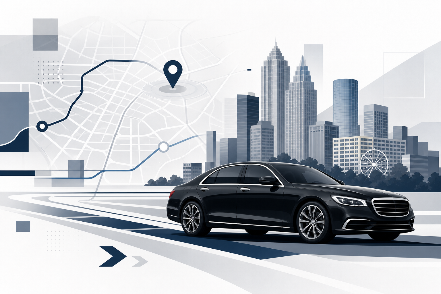 Clean modern illustration of professional transportation routes through downtown Atlanta with a refined executive vehicle silhouette and directional street lines