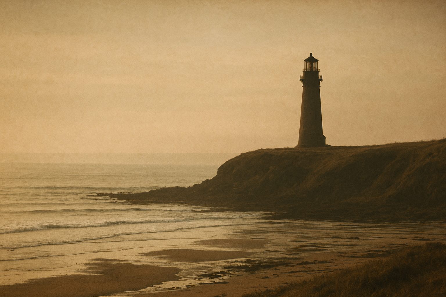 Wide coastal headland with tower silhouette above surf and tidal flats