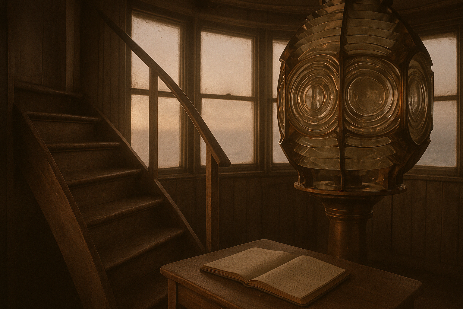 Warm film-toned lighthouse lamp room interior with brass lens, logbook table, and weathered wooden stairs