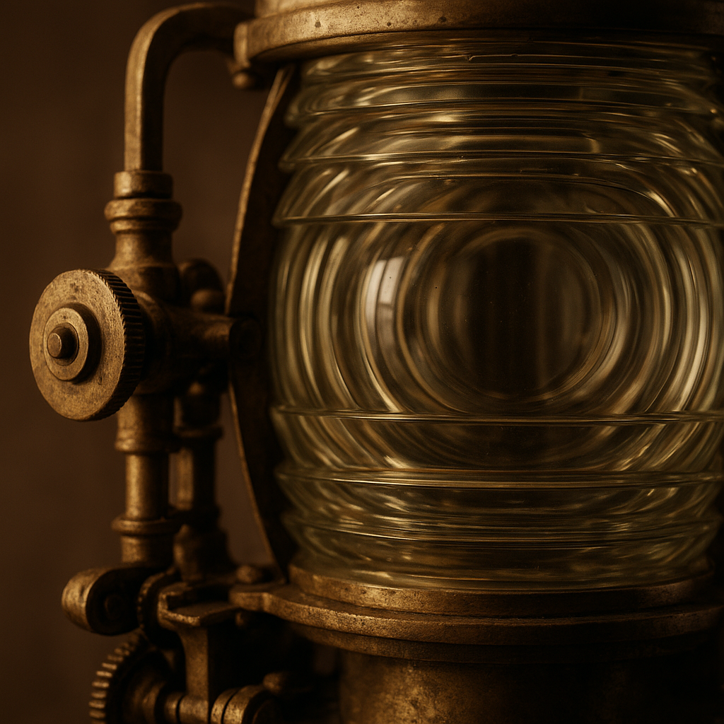 Close view of a brass lantern assembly with concentric Fresnel glass