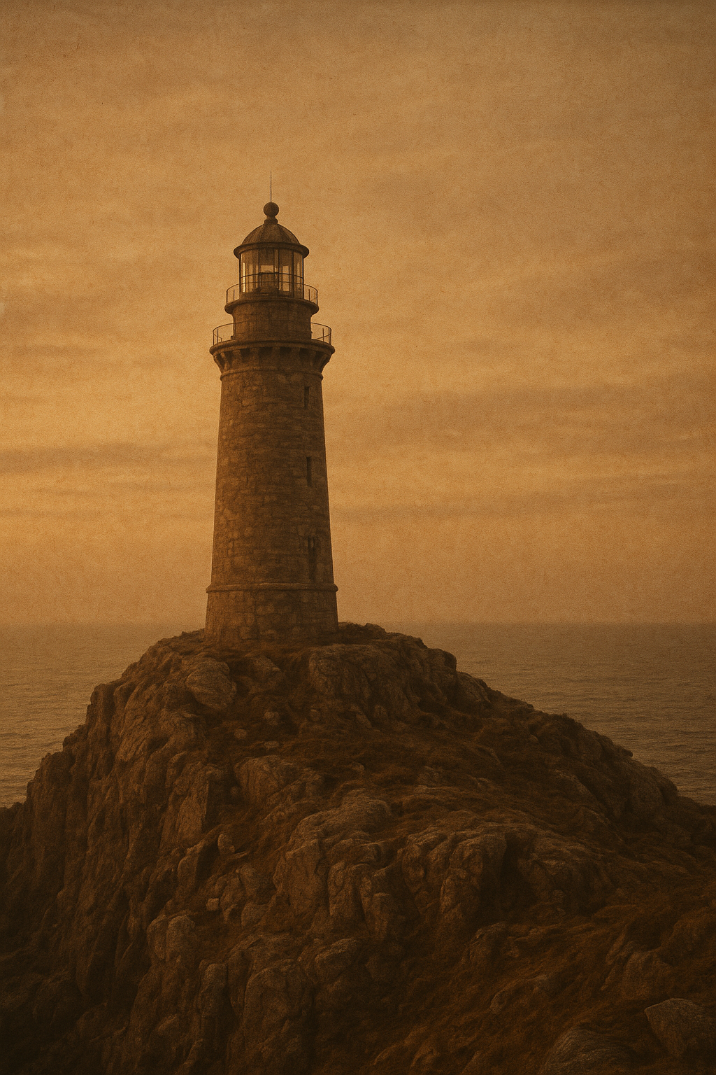 Tall weathered stone lighthouse on a windswept cliff at dusk