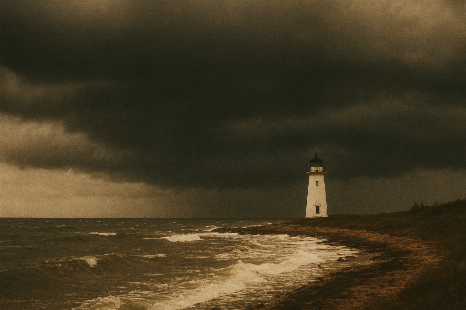 Dark squall clouds over a narrow shoreline with a distant beacon
