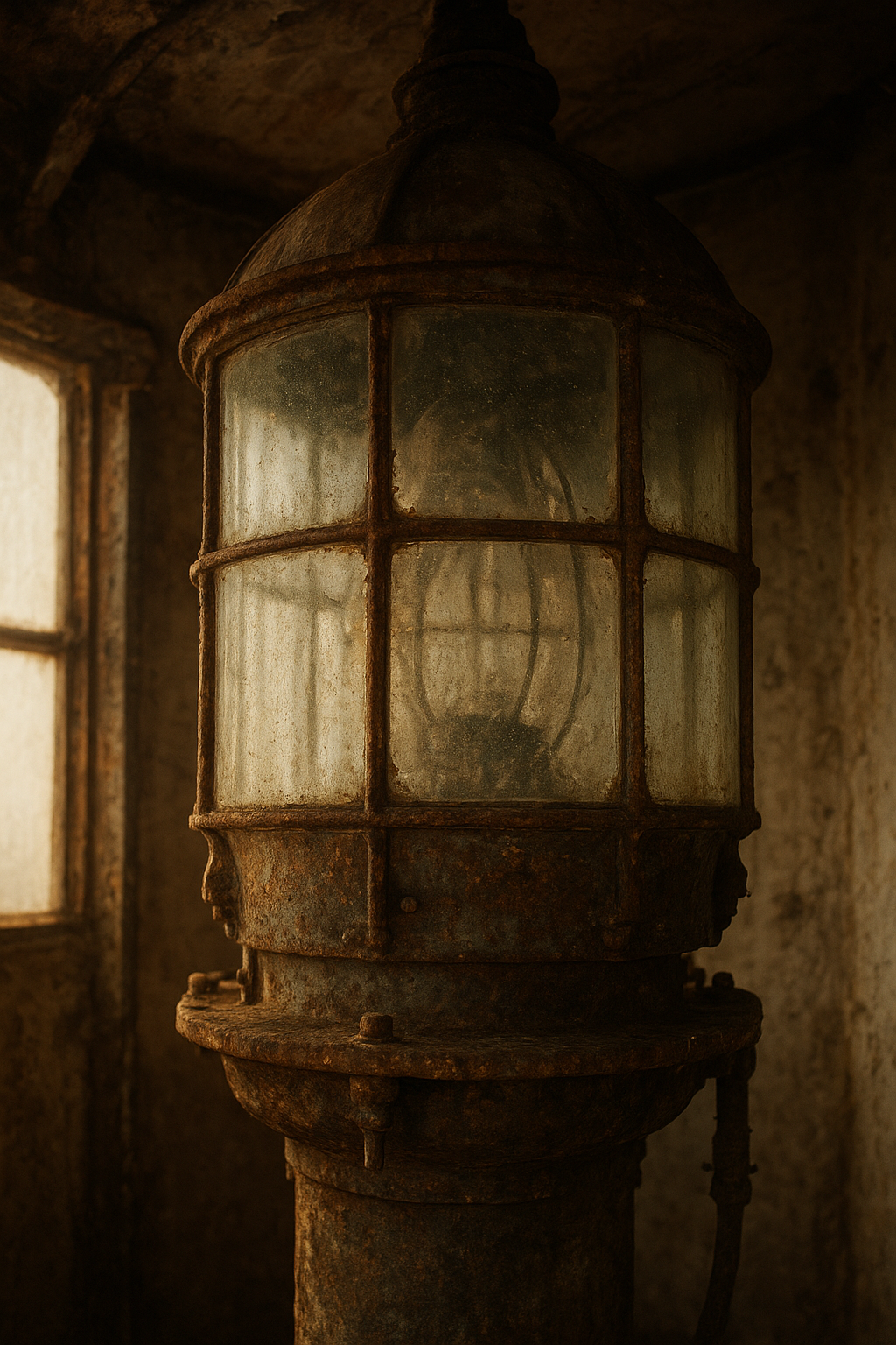 Documentary detail of lantern glass and weathered metal framing in warm archival light inside a coastal lighthouse