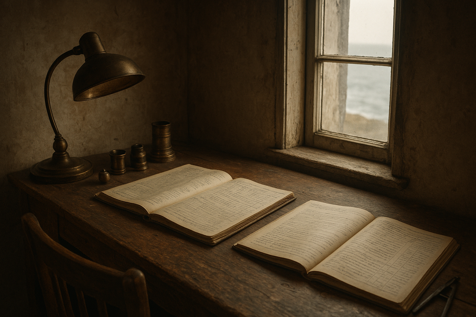 Film-toned keeper's room with brass lamp parts, logbooks, and weathered wooden desk by a lighthouse window