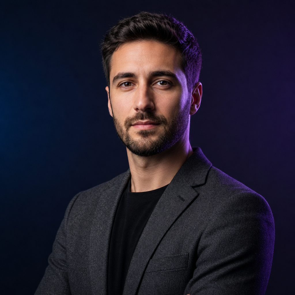 Portrait of Celerion CTO, composed technologist with subtle purple lighting