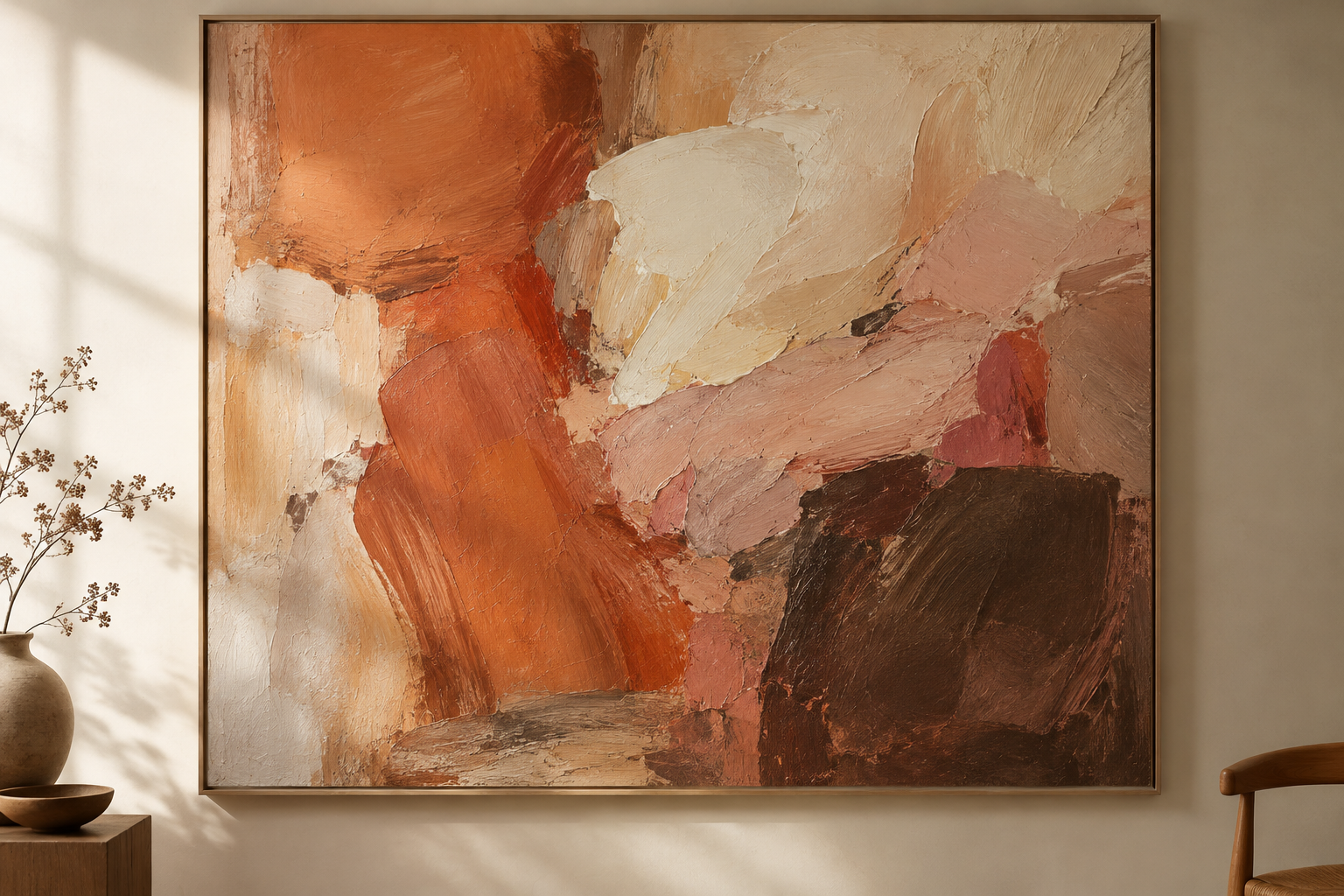 Warm expressive abstract painting with layered brushwork in terracotta, muted peach, cream, and deep umber tones