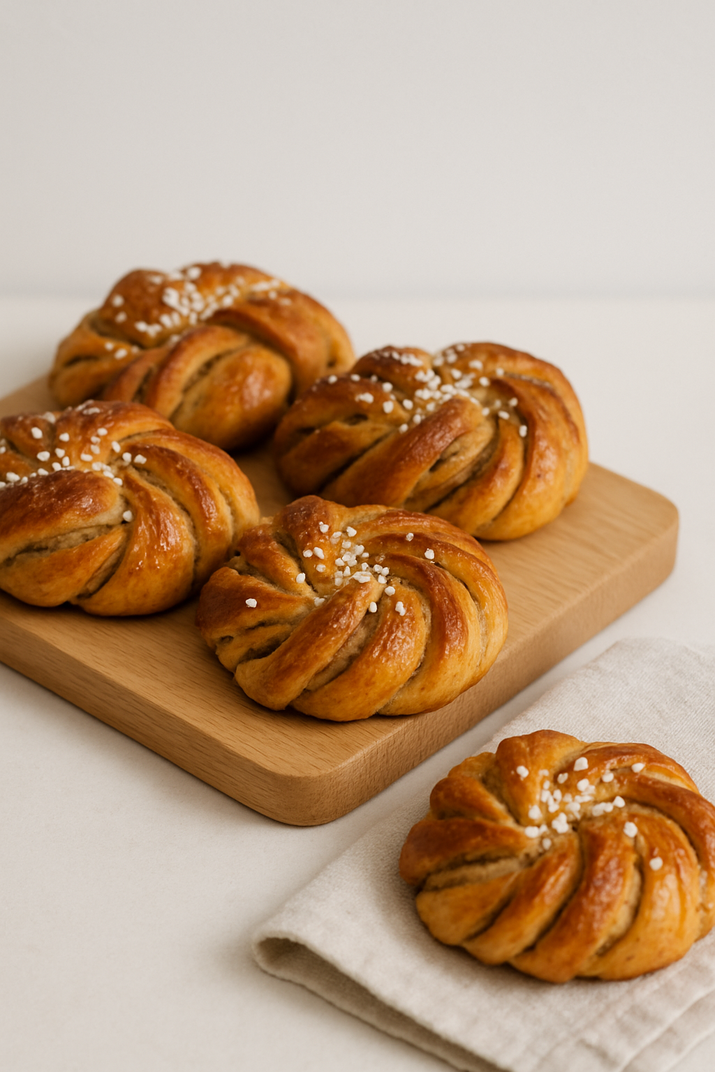 Freshly baked cardamom knot buns dusted with pearl sugar on a pale oak board