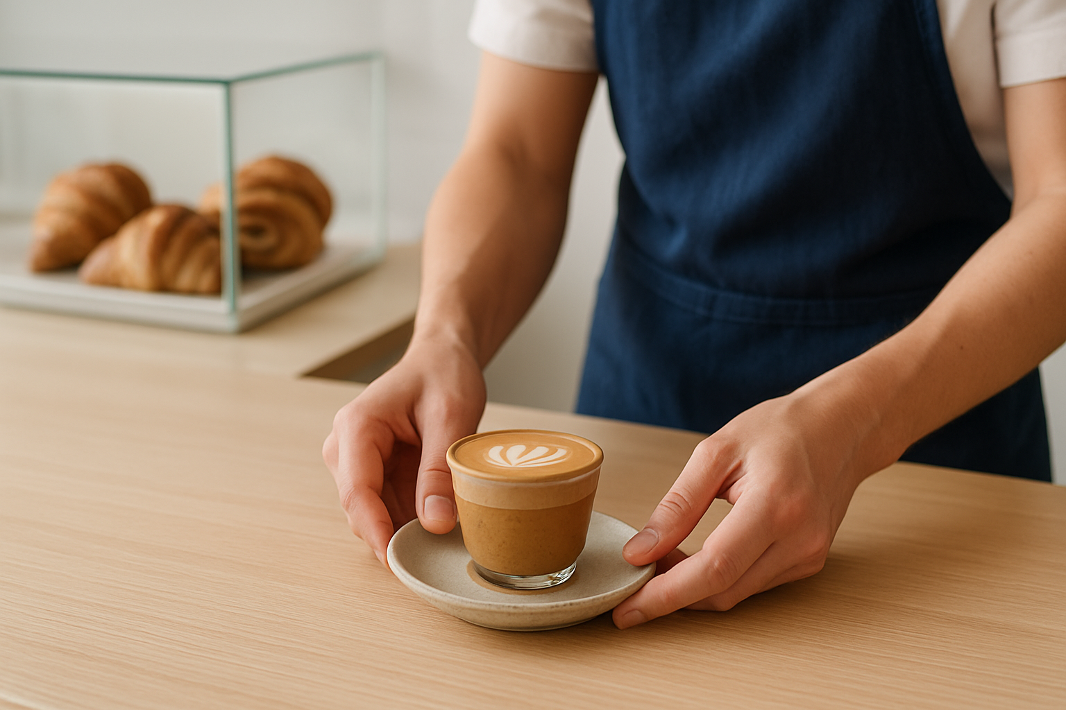 Barista's hands setting a cortado on a birch counter next to a glass pastry case