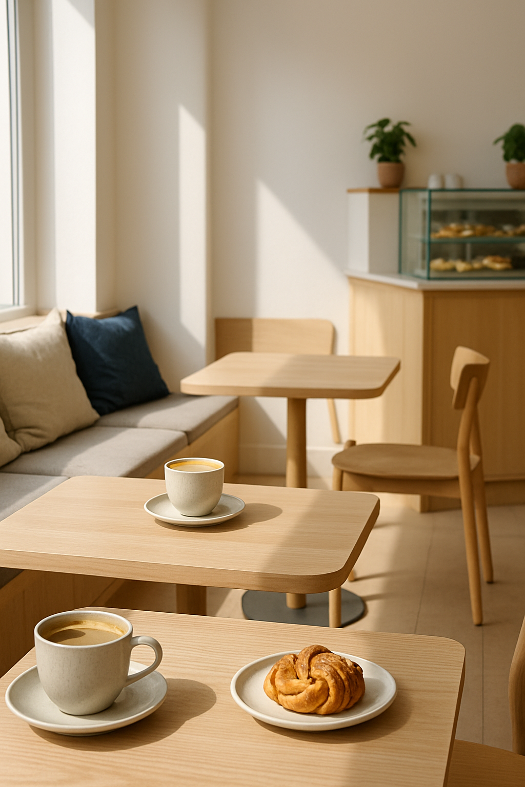 Bright Scandinavian-style neighborhood cafe interior with morning light, pale oak tables, handmade ceramic cups, and cushioned window seating