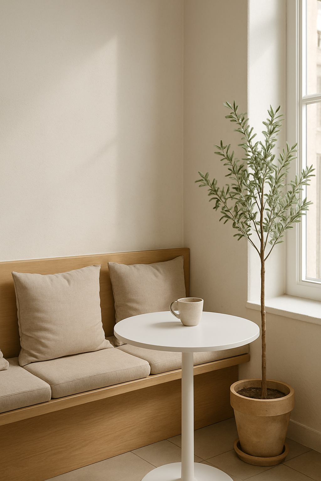 Quiet cafe corner with an oak bench, oatmeal linen cushions and a tall window casting daylight on white walls