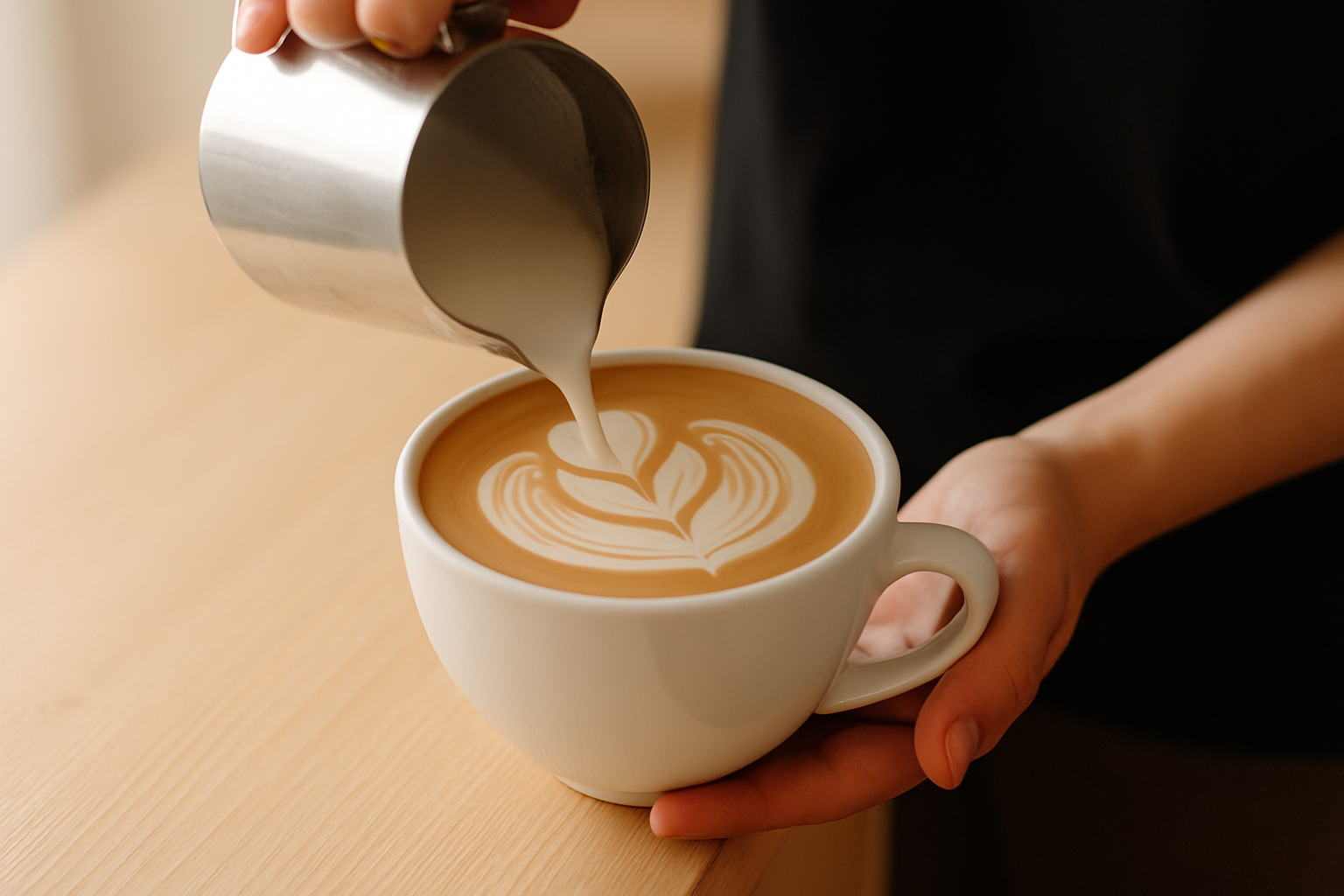 Barista pouring steamed milk into a white ceramic cup, forming a tulip of latte art in soft morning light
