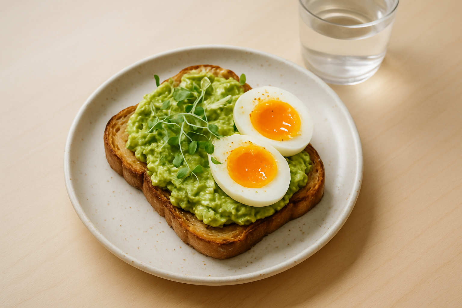 Breakfast plate with toasted sourdough, smashed avocado and a soft egg on a speckled stoneware plate