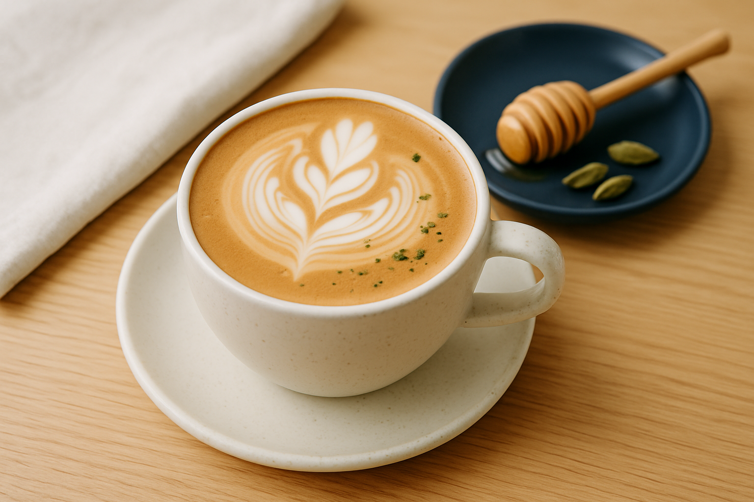 Cardamom honey oat latte in a speckled ceramic cup with leaf latte art on a light oak table