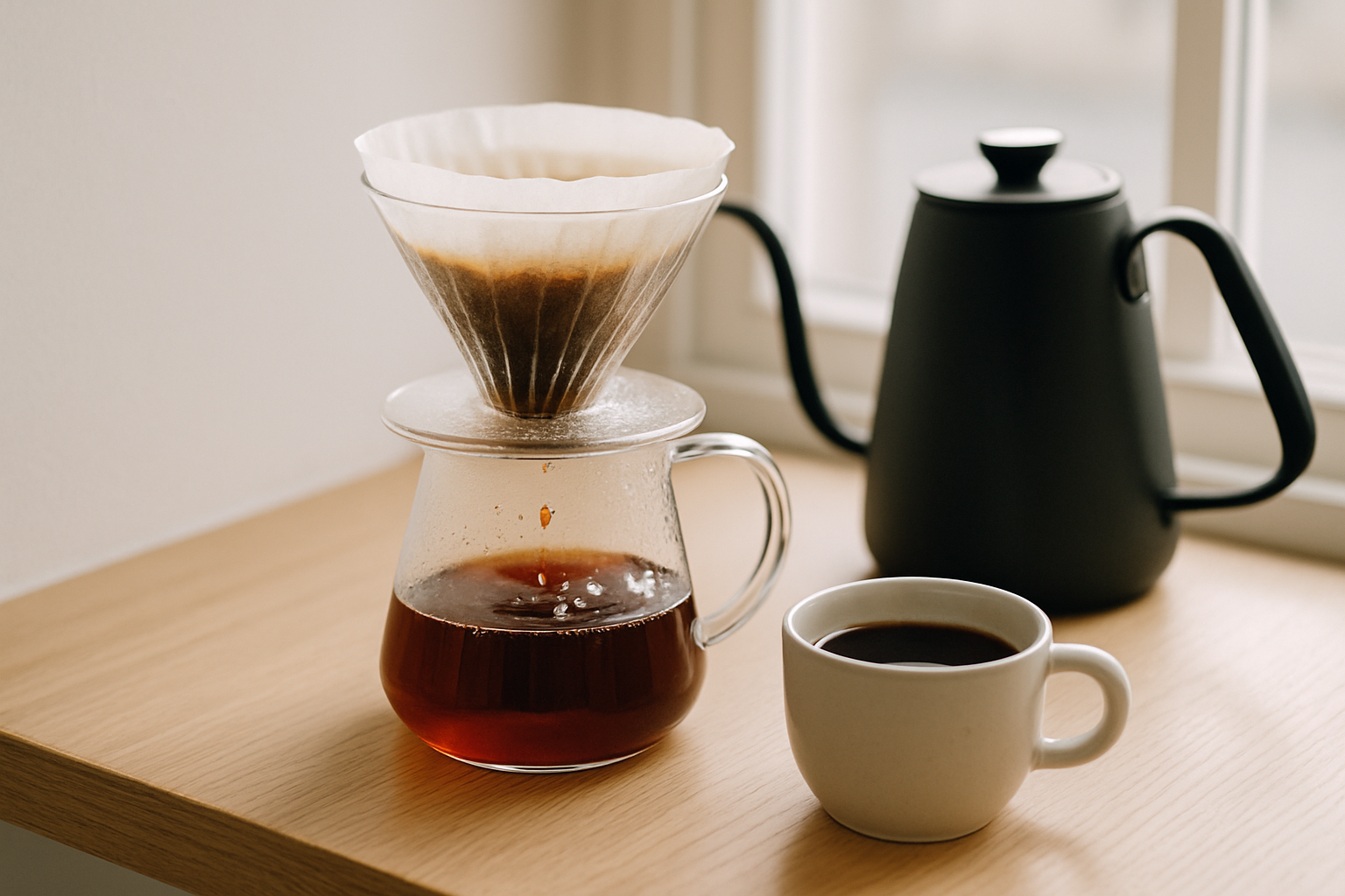 Glass pour-over brewer dripping Ethiopia Guji filter coffee into a clear carafe in soft window light