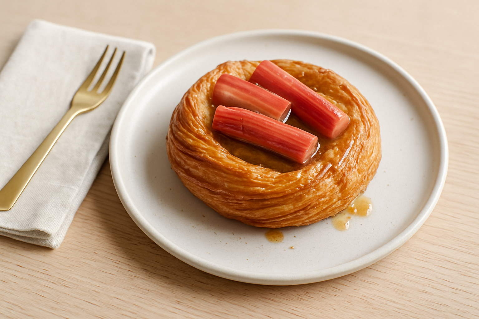 Golden laminated rhubarb and brown butter danish on a pale ceramic plate beside a linen napkin