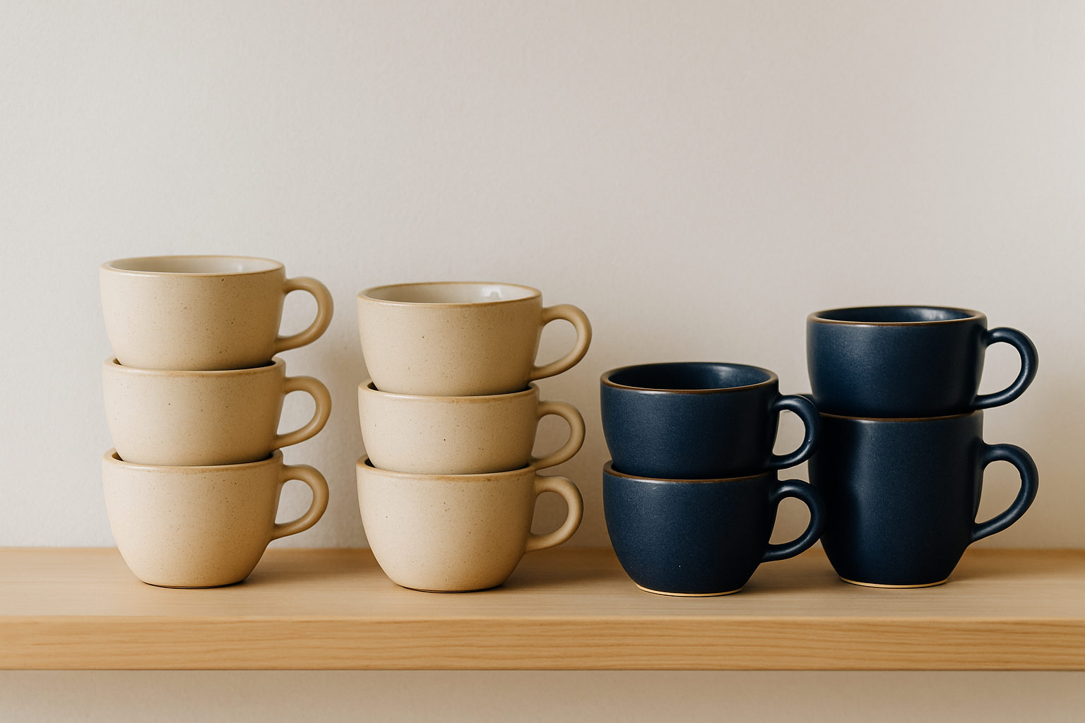 Stack of handmade ceramic cups with sand and deep navy glazes on a wooden shelf