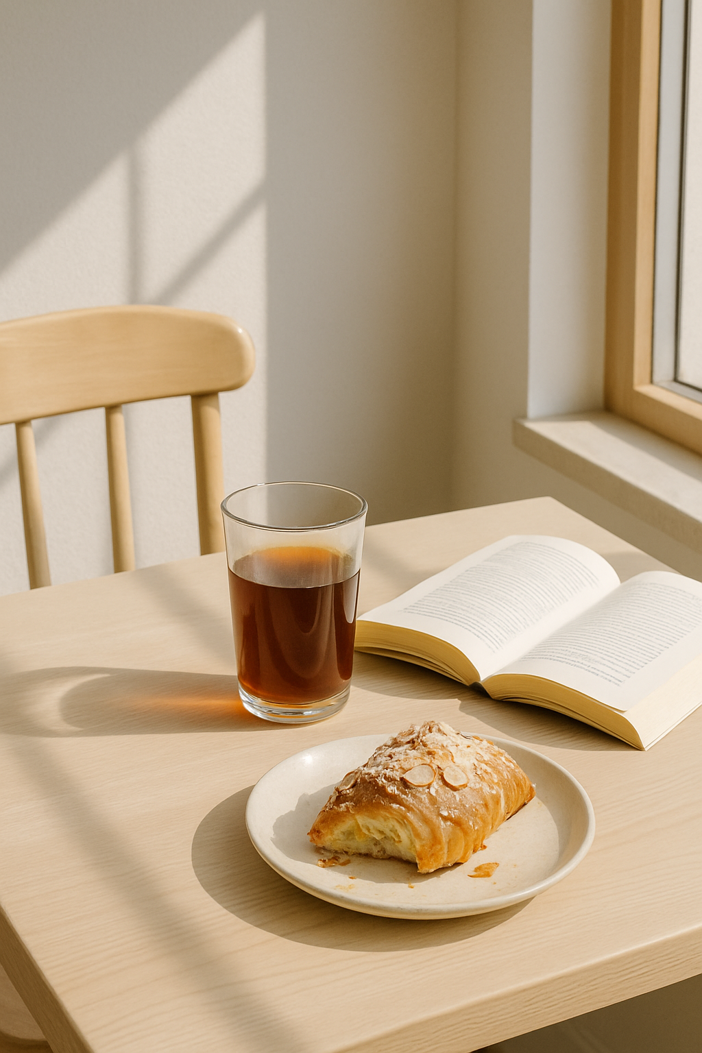 Sunlit table with a glass of filter coffee, an open book and long window shadows