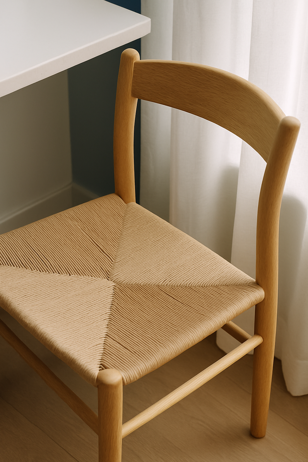 Light oak chair with a woven paper-cord seat beside a window with a sheer white curtain