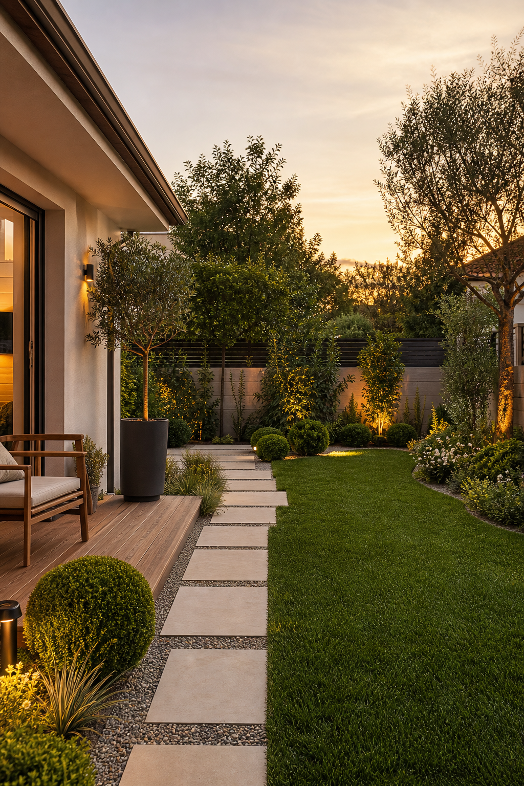 Finished residential garden with green lawn, stone walkway, trimmed shrubs, and a clean outdoor terrace at sunset
