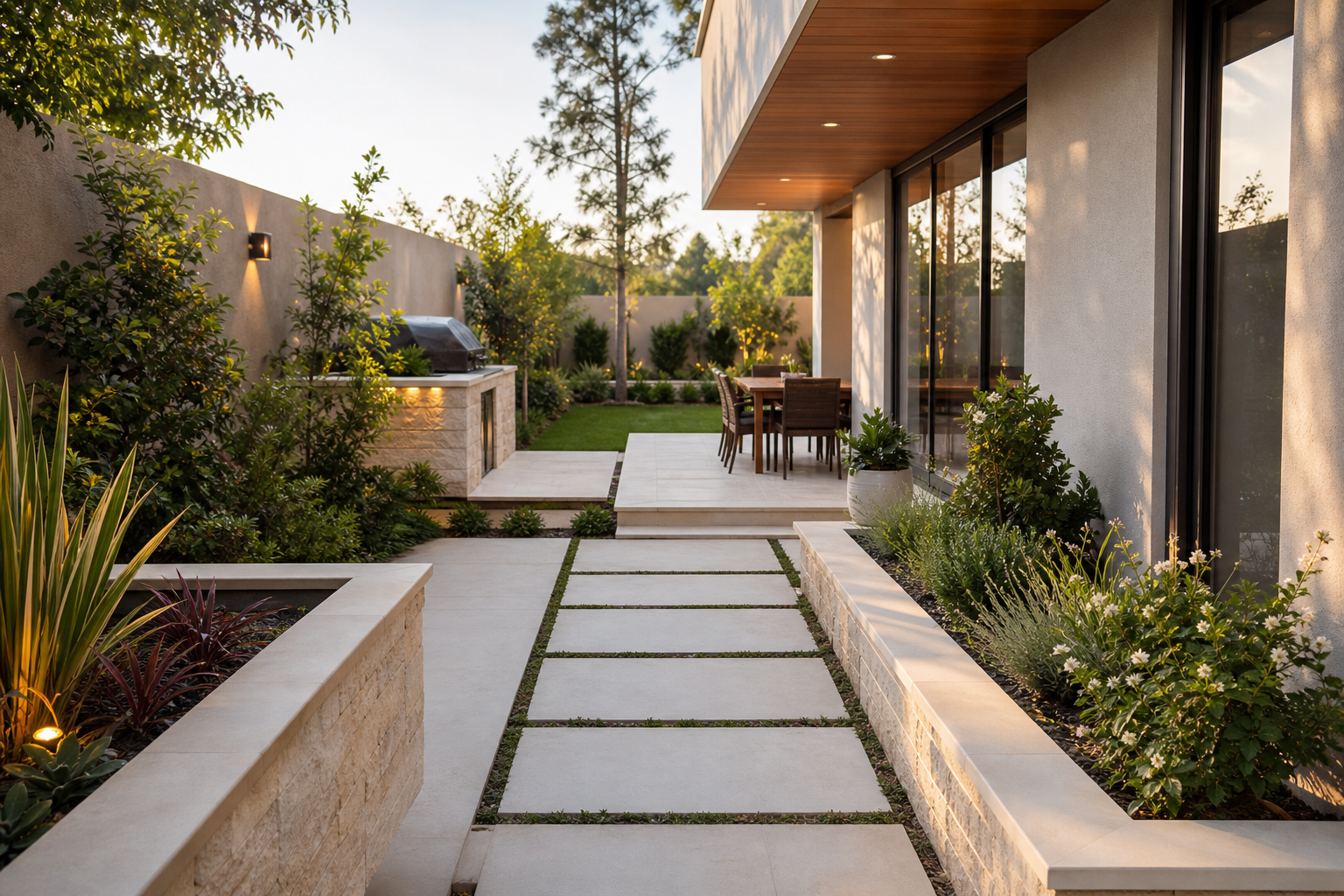 Newly built residential patio with stone outdoor flooring, defined planters, and a clean pedestrian walkway
