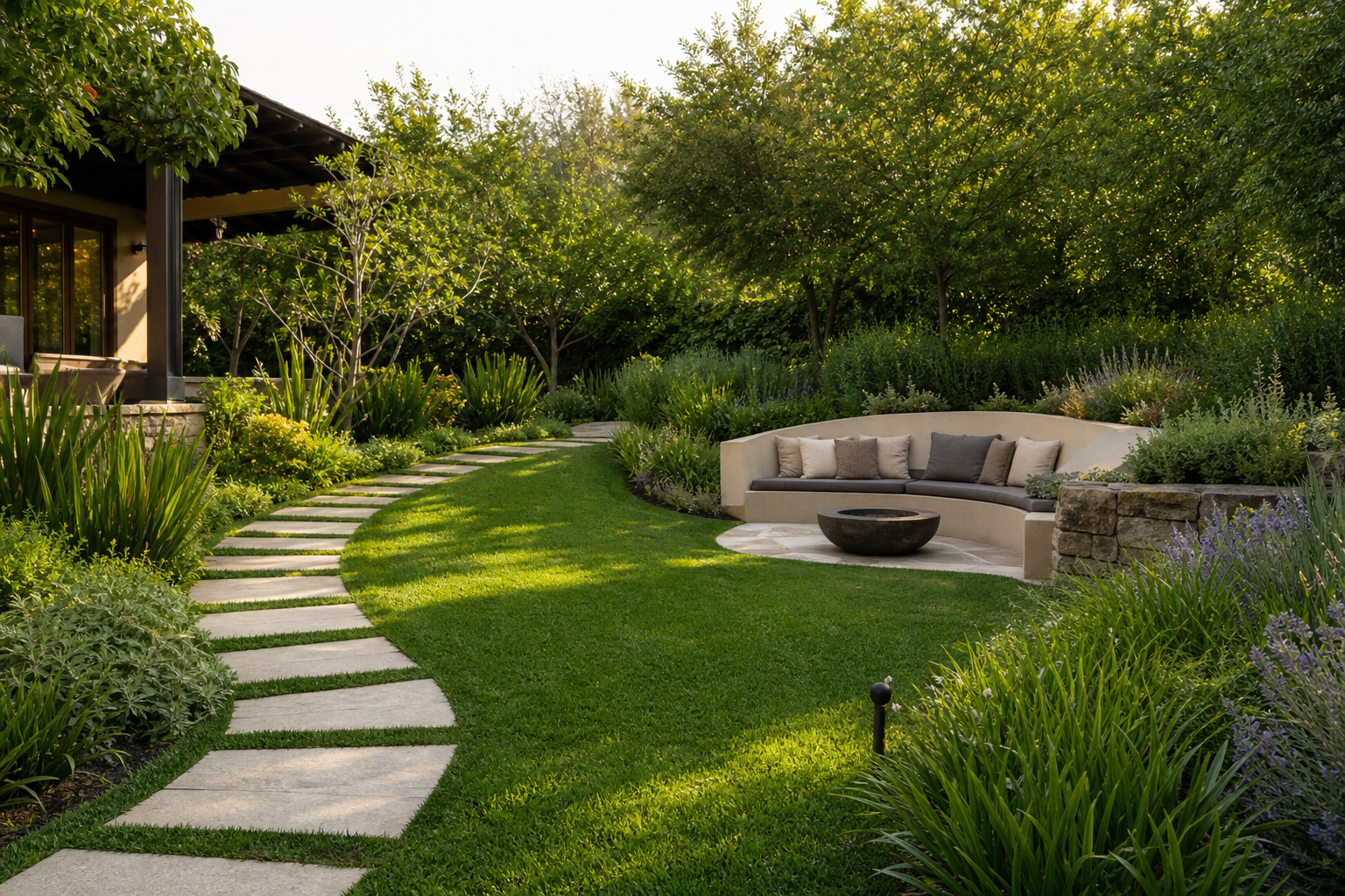 Well-designed residential garden with a stone pathway, manicured lawn, native plants, and an integrated seating area