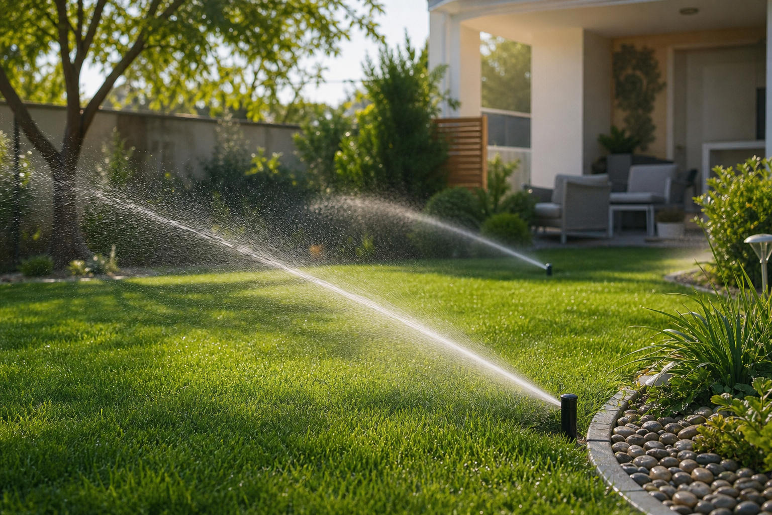Green area with an automatic irrigation system running and even coverage