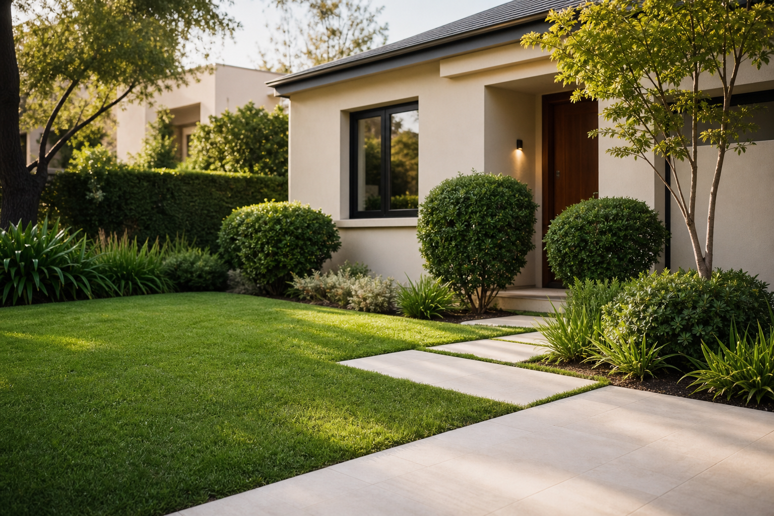 Renovated residential front yard with an even lawn, trimmed shrubs, and clean walkways